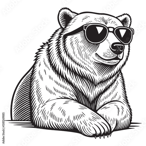 bear wearing sunglasses engraving vector illustration