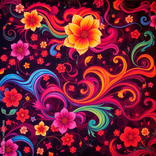 Abstract colorful background with swirling patterns of flowers, waves, and abstract shapes art illustration design