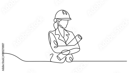 continuous one line drawing of a female engineer holding blueprints