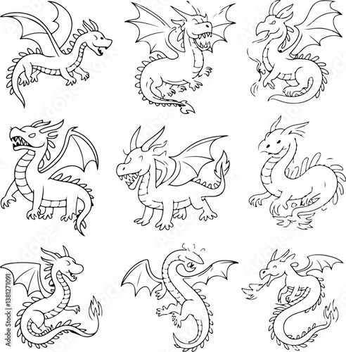 Sketch Set Dragons | Hand-Drawn Legendary Dragon Illustrations Sketch Set Dragons | Mythical Creatures and Fantasy Beast Outline Collection