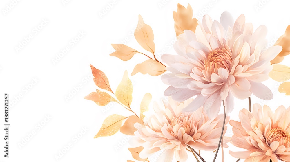Watercolor Chrysanthemum Flowers with Soft Peach and Beige Leaves on White Background Watercolor Chrysanthemum Flowers with Soft Peach and Beige Leaves on White Background