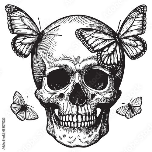 skull and butterflies engraving vector illustration