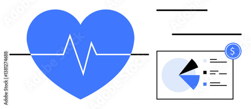Blue heart with an ECG line alongside a pie chart and dollar sign icon emphasizes healthcare cost analysis. Ideal for medical data, insurance, health analytics, budgeting, finance, statistics