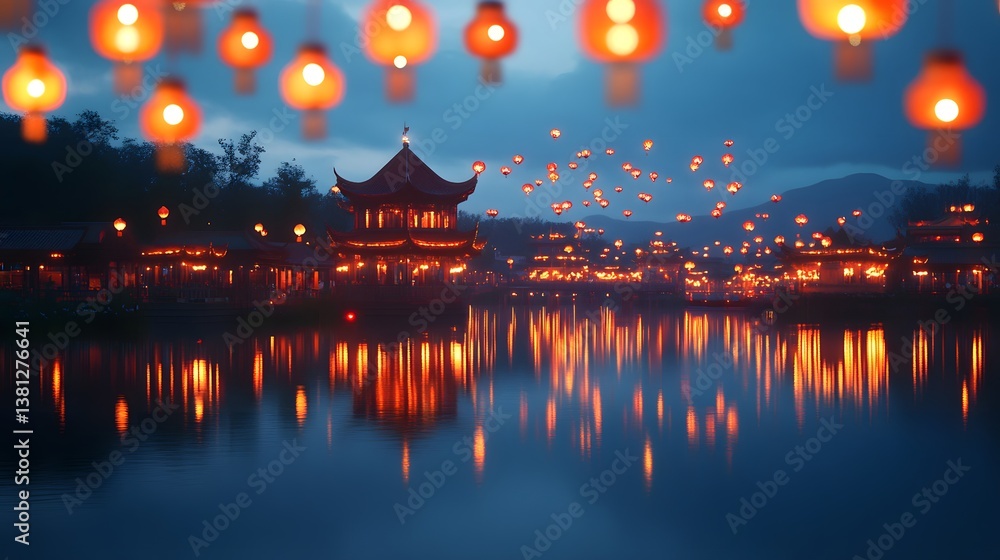 Obraz premium A historical Chinese bridge illuminated by red lanterns and golden streamers under the setting sun