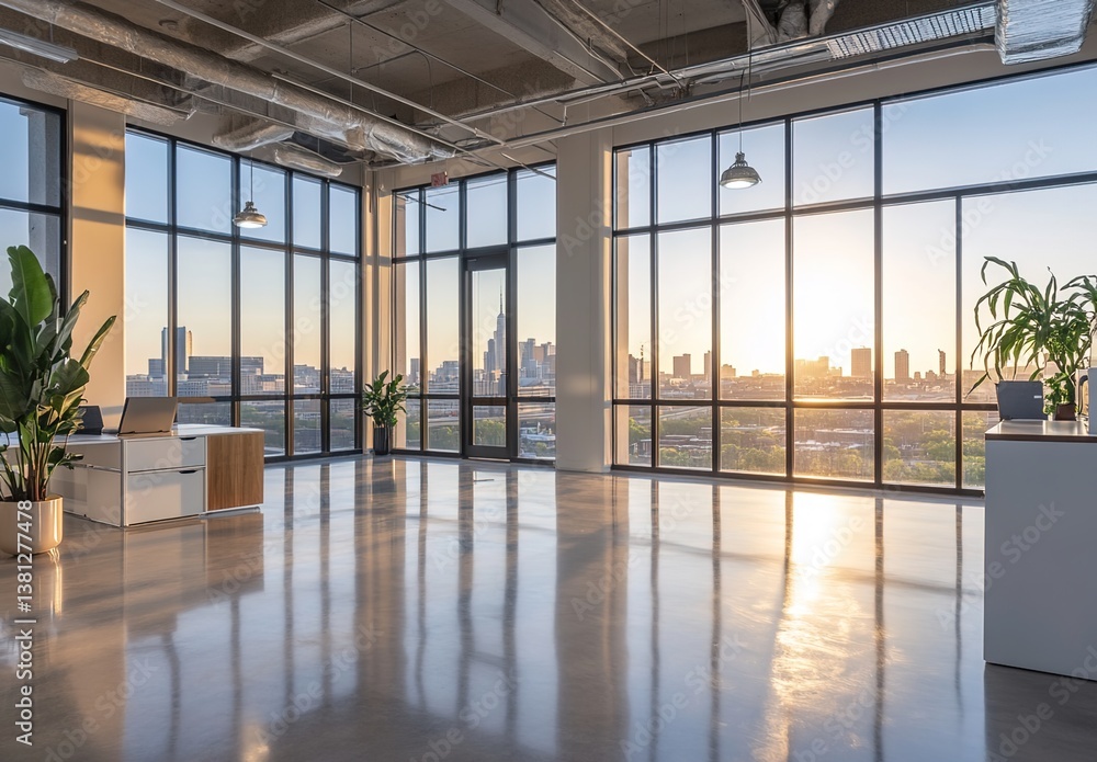Spacious minimalist interior with floor-to-ceiling windows overlooking a city skyline, abundant natural light, contemporary design, empty room, polished floors. Spacious minimalist interior with floor-to-ceiling windows overlooking a city skyline, abundant natural light, contemporary design, empty room, polished floors.