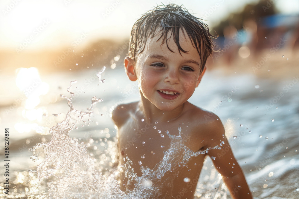 Fototapeta premium Young boy splashes water on his face, eyes closed in delight, water droplets glistening in the sunlight, surrounded by a lush green garden.