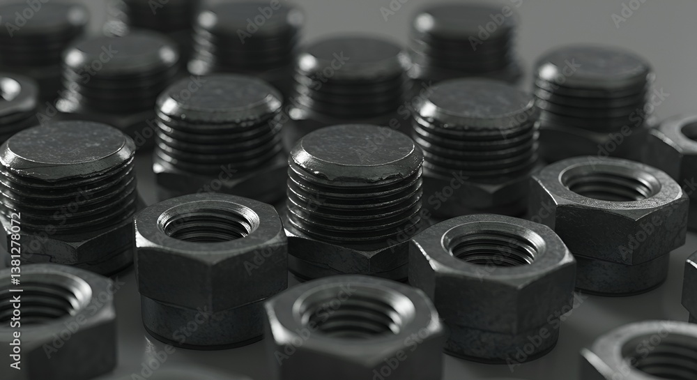 Ultra-HD macro shot of threaded bolts and nuts, emphasizing metallic textures, precise machining Ultra-HD macro shot of threaded bolts and nuts, emphasizing metallic textures, precise machining
