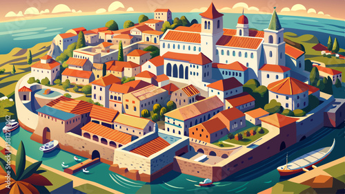 Aerial view of the Old Town of Zadar, Croatia. Aerial shot of Zadar old town, famous tourist attraction in Croatia. City of Zadar historic peninsula roman architecture aerial view, Croatia