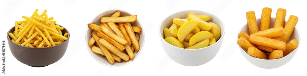 Four bowls of French fries, steak fries, shoestring fries and potato wedges. Four bowls of French fries, steak fries, shoestring fries and potato wedges.
