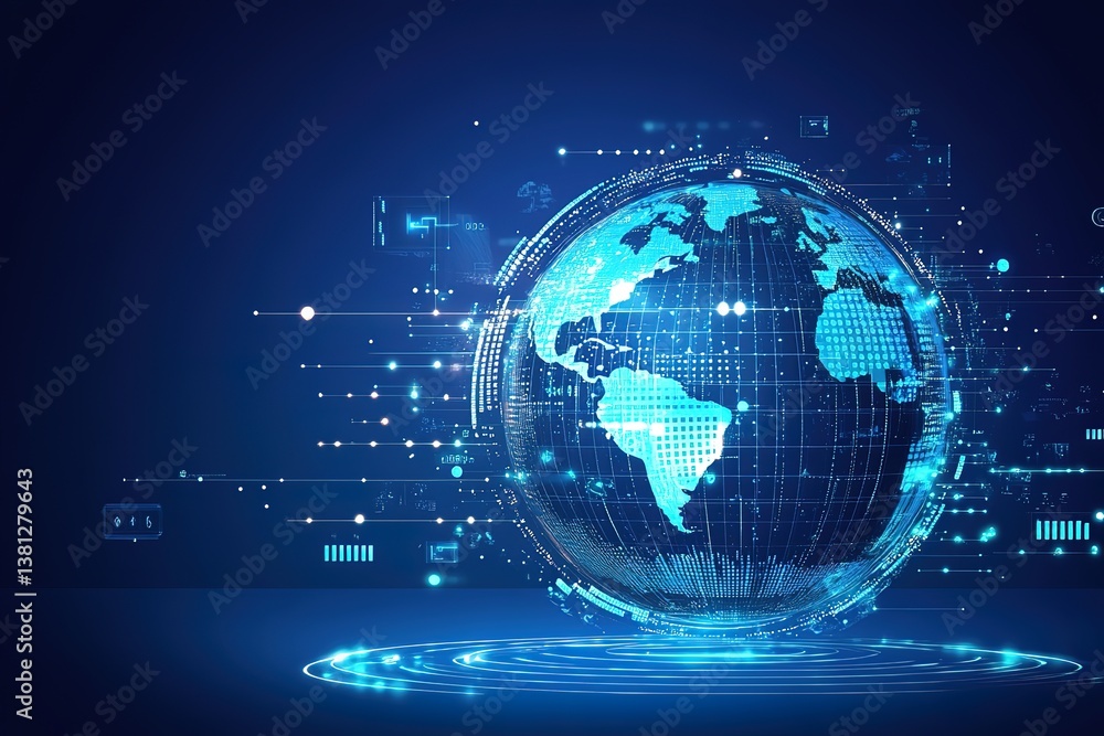 A blue glowing globe surrounded by digital networks and technological lines, representing global digital connectivity and technological advancement. A blue glowing globe surrounded by digital networks and technological lines, representing global digital connectivity and technological advancement.