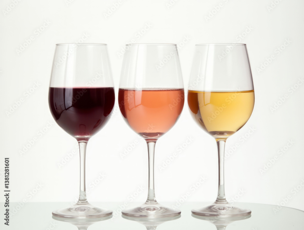 Three Elegant Wine Glasses Placed Next to Each Other on a Pristine White Background Three Elegant Wine Glasses Placed Next to Each Other on a Pristine White Background
