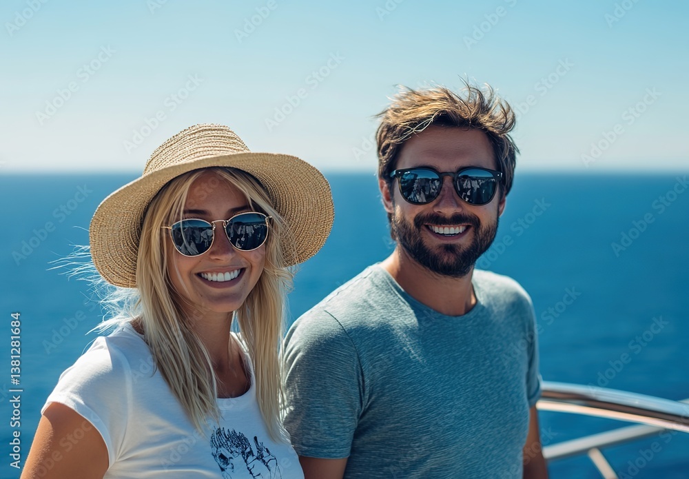 A couple on a boat in a blue ocean, sunny sky, woman wearing a wide-brimmed straw hat, man with sunglasses, casual beachwear A couple on a boat in a blue ocean, sunny sky, woman wearing a wide-brimmed straw hat, man with sunglasses, casual beachwear