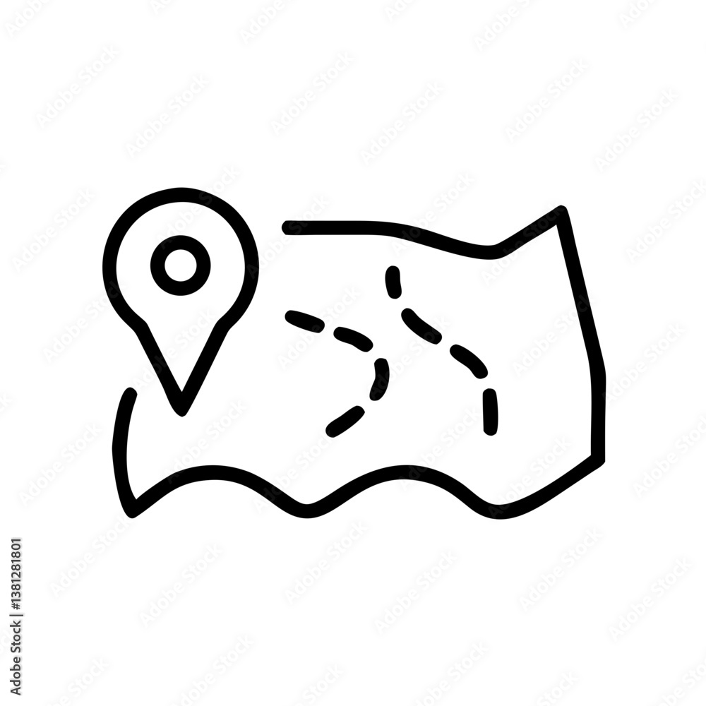 Fototapeta premium Map with Location Pin and Path Markings in Simple Line Art 