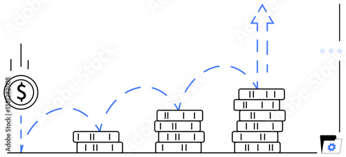 A coin bouncing to higher stacks of coins symbolizing financial growth and success. Ideal for investment, savings, finance, growth strategy, wealth management, economic planning, business goals. Flat