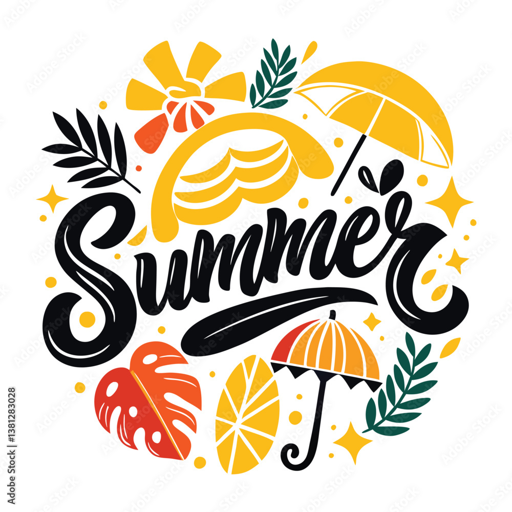 Fun Summer Typography with Leaves, Umbrellas, and Decorative Elements Design Fun Summer Typography with Leaves, Umbrellas, and Decorative Elements Design