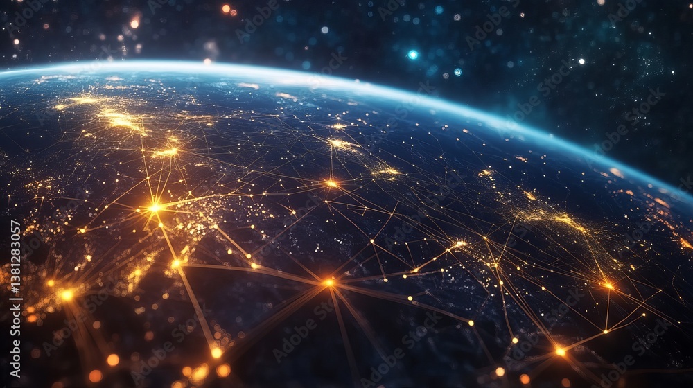 Aerial view of earth at night showing city lights and interconnected network connections in space Aerial view of earth at night showing city lights and interconnected network connections in space