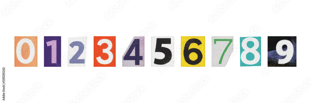 set of cut-out ransom numbers from magazines, isolated digits in retro y2k style on a transparent background