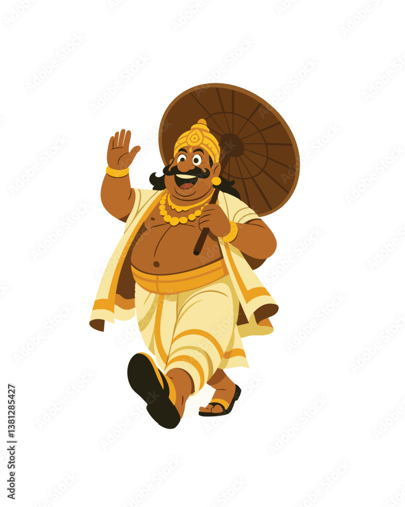Obraz premium Mahabali Onam Festival Vector Illustration – Indian King Walking with Umbrella in Traditional Kerala Attire