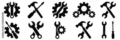  Set of  Tools and Service icons set. Wrench, screwdriver and gear icon. Screwdriver and wrench glyph icon  of vector illustration