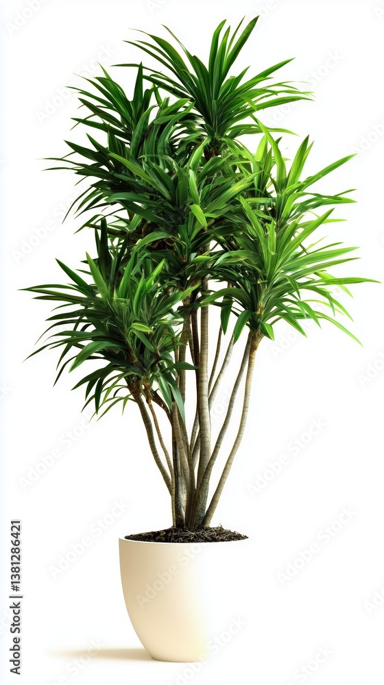 Fototapeta premium Lush green plant in a white pot, perfect for adding life to any space. Natural light highlights its vibrant color and elegant form. Indoor oasis.