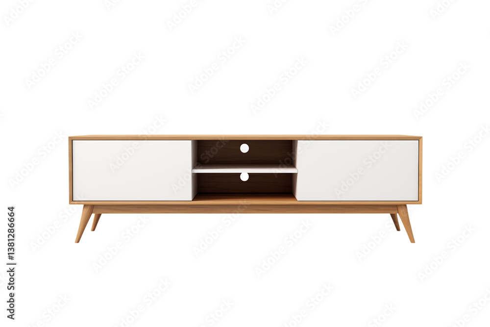 A front view of a light wood tv stand with white doors and shelves on a studio shot on transparent background png A front view of a light wood tv stand with white doors and shelves on a studio shot on transparent background png