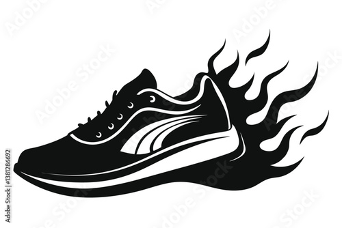 Isolated Black Sneaker with Flames, Speed, Running, 