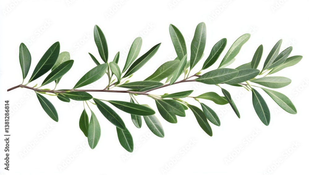 Obraz premium Fresh, vibrant foliage branch against a plain white background. Detailed, healthy leaves and stem