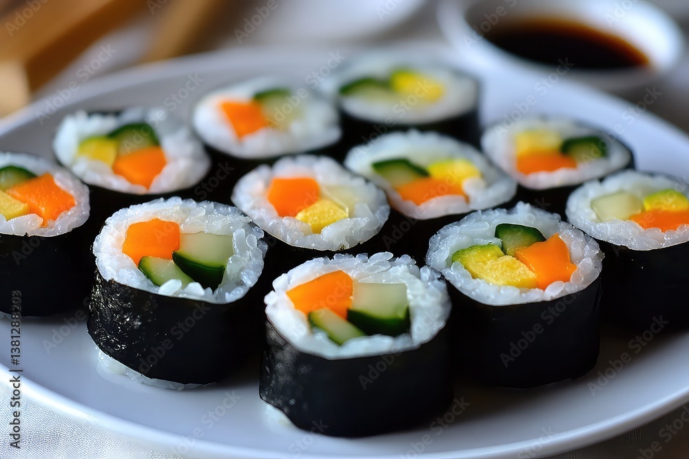 plate of vegetable sushi rolls served with soy sauce and wasabi plate of vegetable sushi rolls served with soy sauce and wasabi