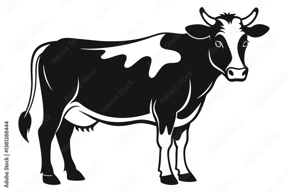Holstein Cow Illustration, Black and White Dairy Cattle Icon, Isolated Holstein Cow Illustration, Black and White Dairy Cattle Icon, Isolated