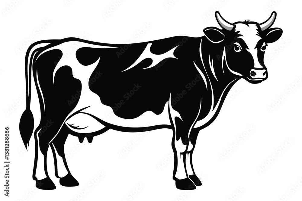 Cow Standing Dairy Animal with Horns, Black and White Markings on White Cow Standing Dairy Animal with Horns, Black and White Markings on White