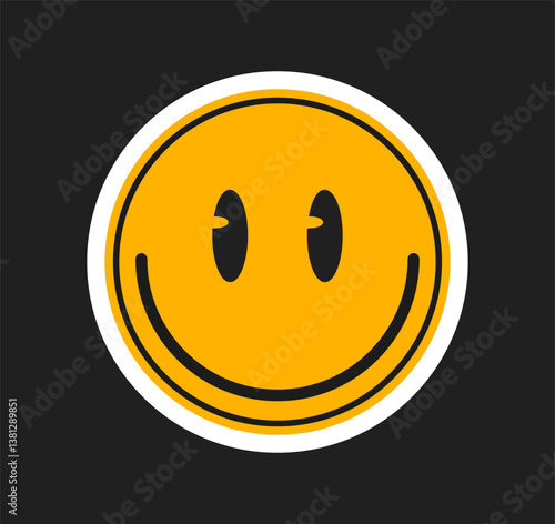 Abstract yellow smiley face with minimalist style and distorted eyes on a black background, expressing quirky happiness and uniqueness. Vector illustration