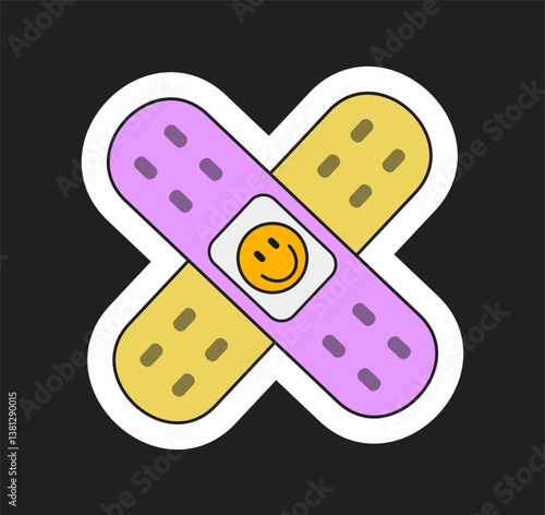 Two colorful adhesive bandages crossed forming an X shape, outlined with a bold white border on a dark background, symbolizing healing and care. Vector illustration