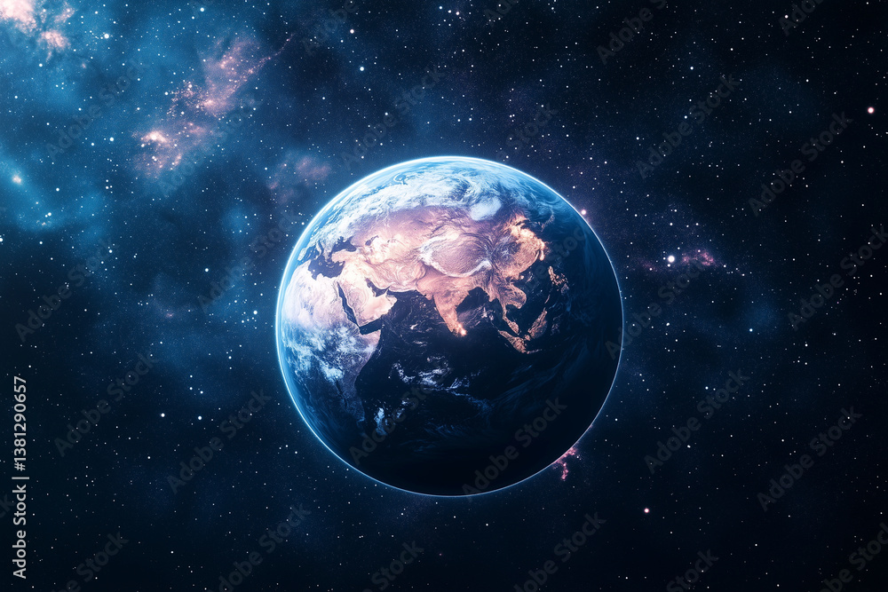 Fototapeta premium blue and white planet in the middle of the night sky. The planet is surrounded by a lot of stars and the sky is very dark