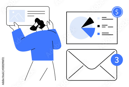 Man analyzing digital files, financial chart, and email with notifications. Ideal for finance, analysis, business strategy, organization, time management, communication teamwork in flat simple