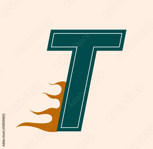 Bold dark green letter T with orange flame effect on the left, minimalist flat style on light beige background. Concept of speed, power, and motion. Vector illustration