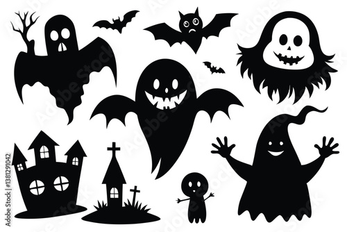 Spooky Halloween Icons Silhouettes Set Ghosts, Bats, Haunted House, Tombstone on transparent