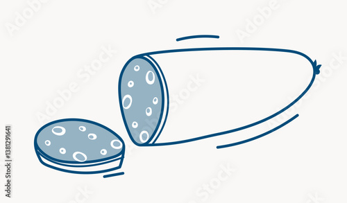 Sausage and sliced piece illustrated in minimalist line art style with blue outline and simple fill on a light background. Concept of food and deli meat. Vector illustration