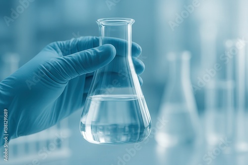 Gloved Hand Holding Erlenmeyer Flask with Liquid, Scientific Experiment Close-Up