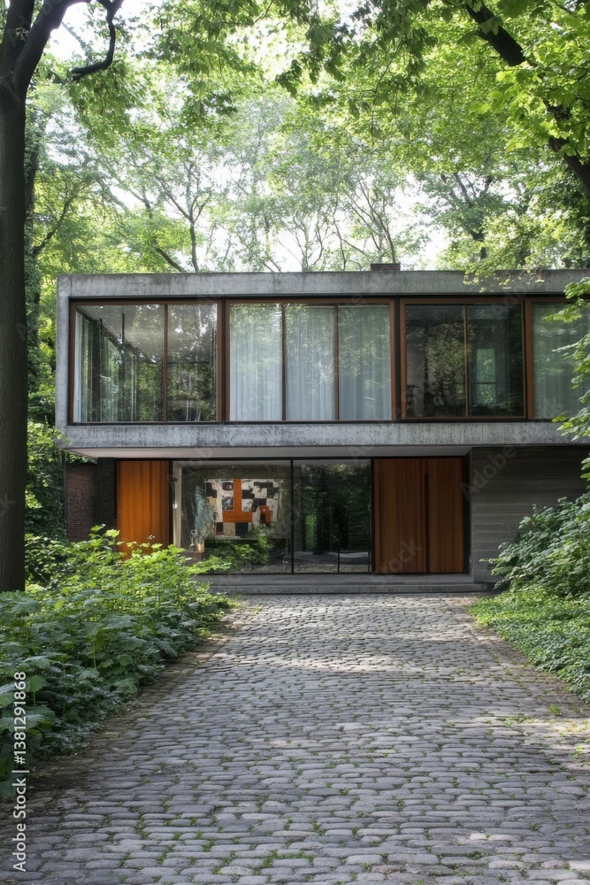 Modern architectural design of a glass-fronted house surrounded by lush greenery in a serene outdoor setting during daylight Modern architectural design of a glass-fronted house surrounded by lush greenery in a serene outdoor setting during daylight
