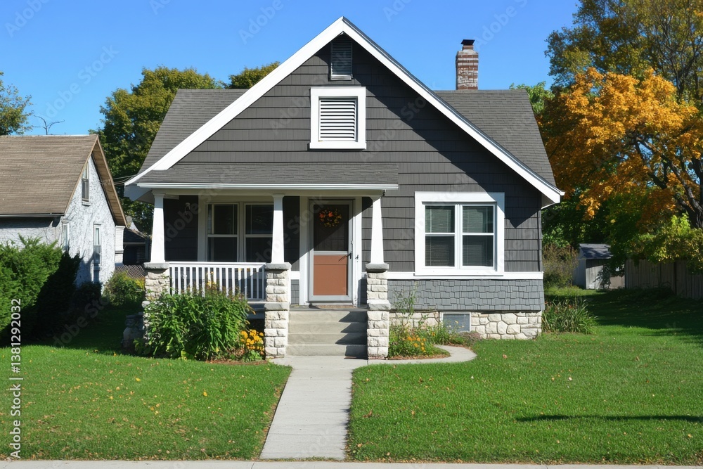 A charming grey house adorned with crisp white trim stands gracefully amidst a vivid garden, all beneath a bright blue sky in a picturesque suburban neighborhood, showcasing the beauty of autumn A charming grey house adorned with crisp white trim stands gracefully amidst a vivid garden, all beneath a bright blue sky in a picturesque suburban neighborhood, showcasing the beauty of autumn