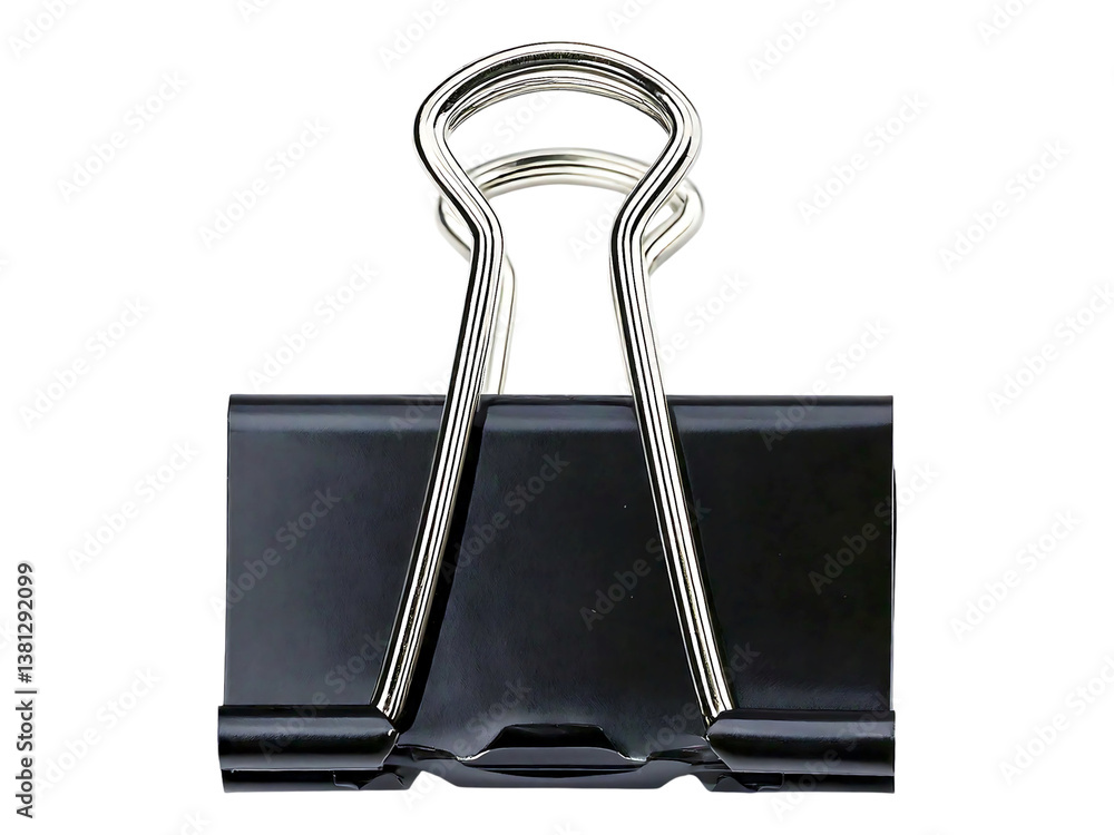 © SolaruS - Sleek black binder clip with silver metallic arms, isolated on white.  Perfect for office supplies, organization, or minimalist design projects. © SolaruS - Sleek black binder clip with silver metallic arms, isolated on white.  Perfect for office supplies, organization, or minimalist design projects.