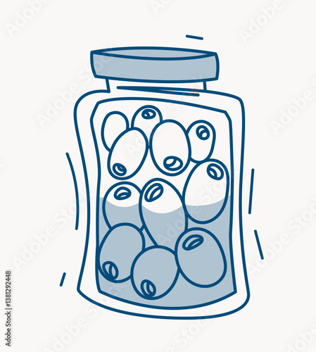 Glass jar filled with olives drawn in a minimalist line art style, using blue tones on a light background. Concept of preserved food. Vector illustration