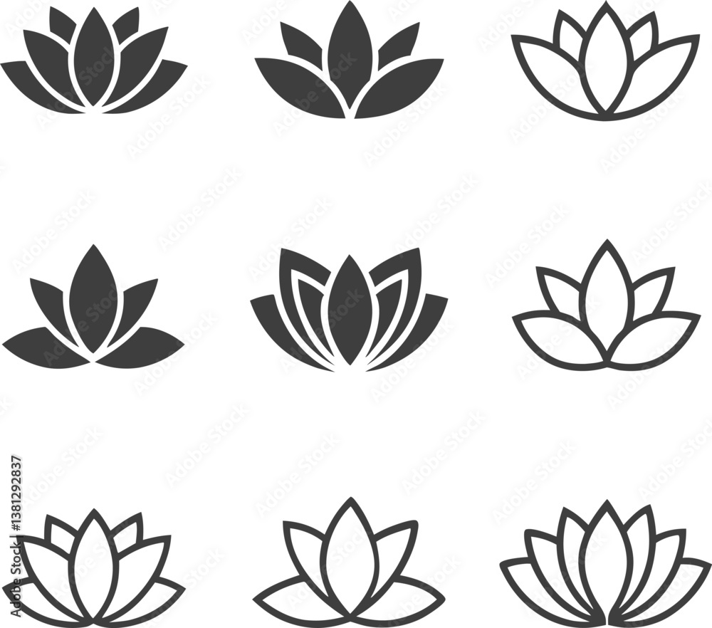 Fototapeta premium A collection of minimalist lotus flower icons in various styles, featuring black and gray outlines as well as subtle shading, arranged in a grid pattern, symbolizing peace, purity, and serenity 