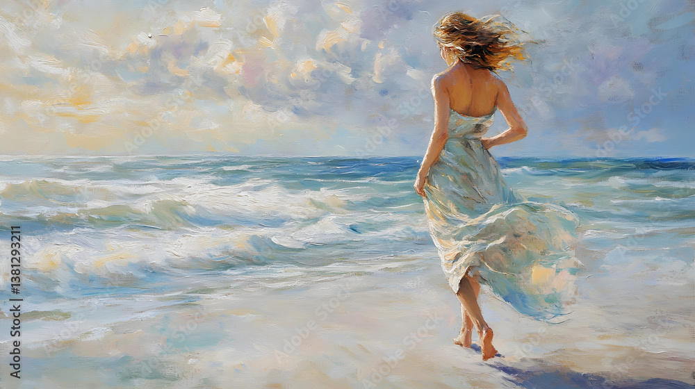 Naklejka premium A carefree woman in a flowy summer dress, strolling barefoot along a serene beach, with the ocean waves gently crashing in the background.