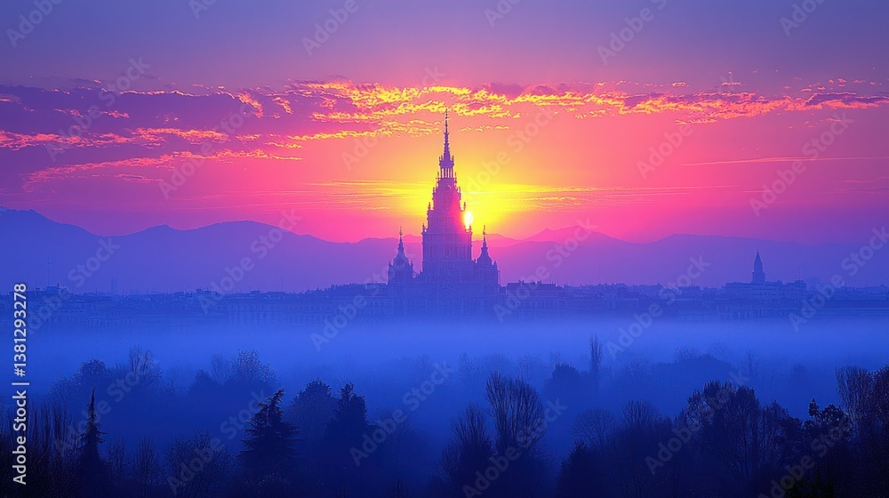 Majestic Sunrise Over Cityscape with Church Silhouette Majestic Sunrise Over Cityscape with Church Silhouette