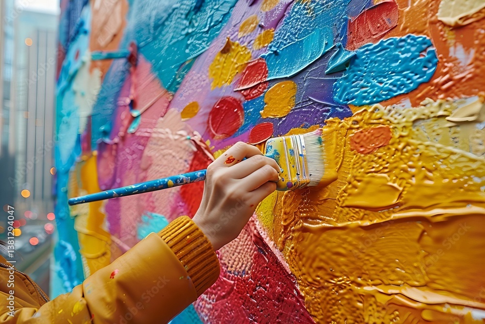 Obraz premium Capturing the Creativity and Beauty of Street Art: A Woman's Hands Paint a Colorful Mural on a City Wall