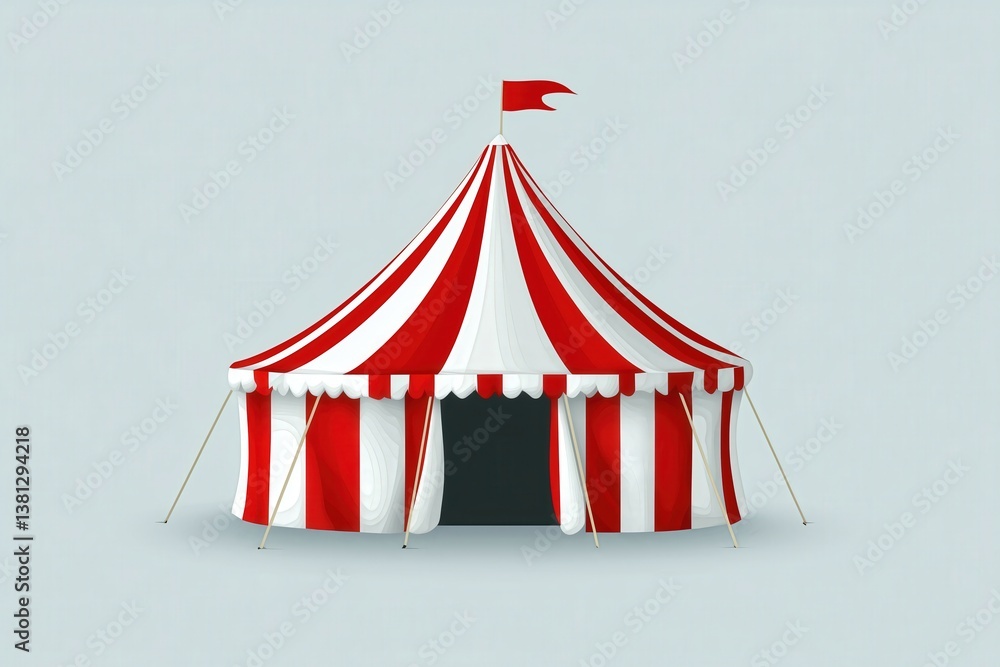 Red and white striped circus tent with flag. Structure is supported by poles. The tent is on a solid gray background. Red and white striped circus tent with flag. Structure is supported by poles. The tent is on a solid gray background.