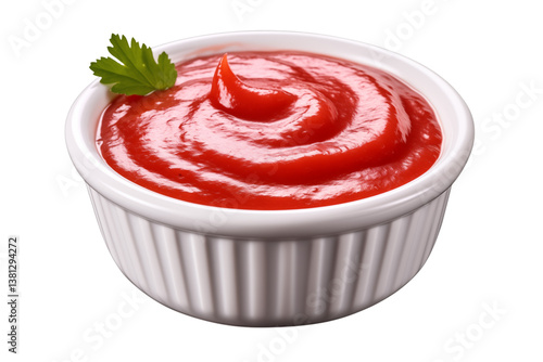 Close up of a small white bowl filled with bright red ketchup and a green parsley garnish on top on transparent background png