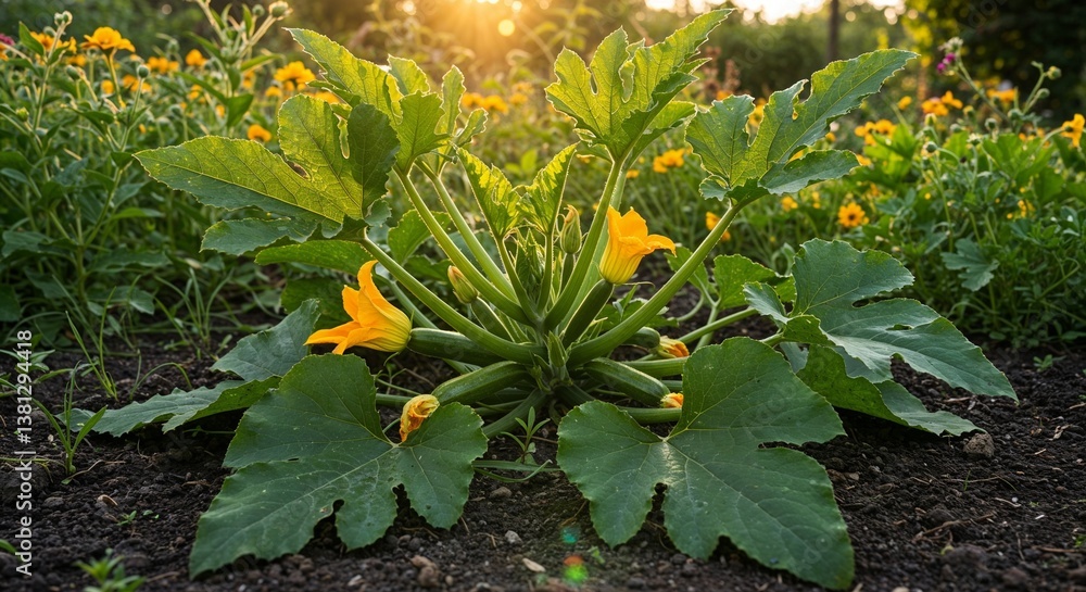 Fototapeta premium Zucchini plant blooming with yellow flowers in a sunny garden 