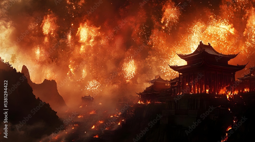 Obraz premium Explosive fireworks light up the night sky above a Chinese temple creating a stunning visual show